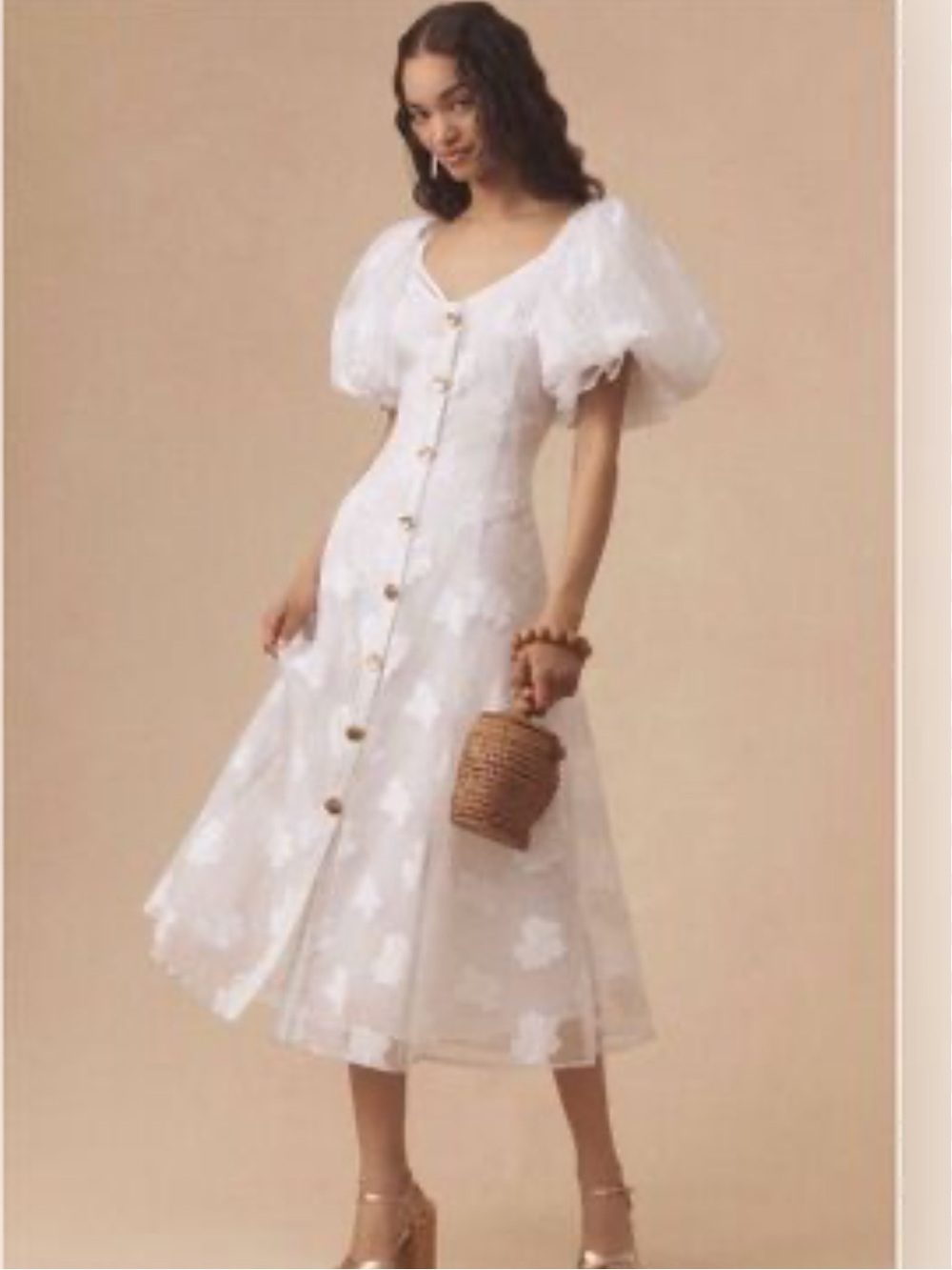 Let me Be White Puff-Sleeve Button-Front Midi Dress